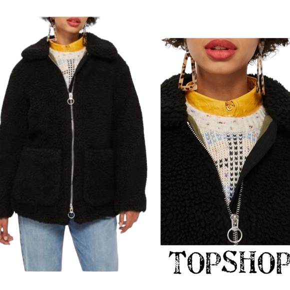 Top Shop Borg Jacket US Size 2 Black Sherpa Winter coat - Picture 2 of 12